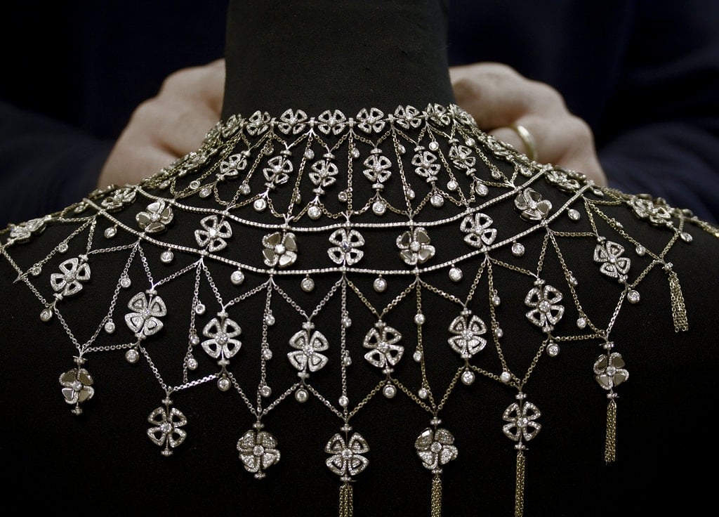 From Bulgari’s Forever collection, this 56.13-carat necklace was designed as a kind of glistening poncho. The four-petal flowers are a repeated motif in the group.